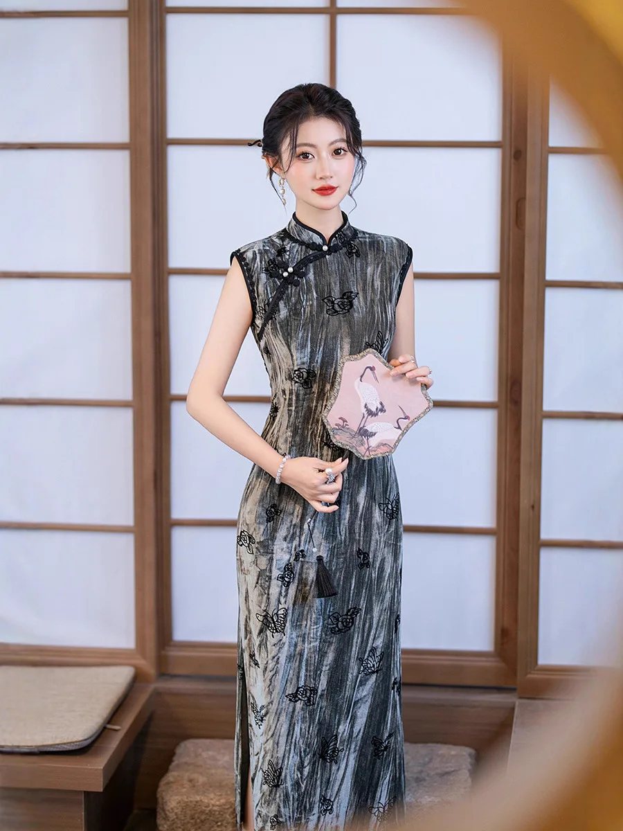 

Cheongsam 2025 бархатное платье Ципао с бабочкой и цветком в стиле ретро, старое Шанхайское темпераментное длинное платье без рукавов