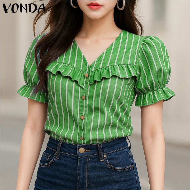 VONDA Summer Shirts Women Short Sleeve Striped Blouses 2025 Fashion Casual Puff Sleeve Ruffled Print Tops V-Neck Elegant Blusas
