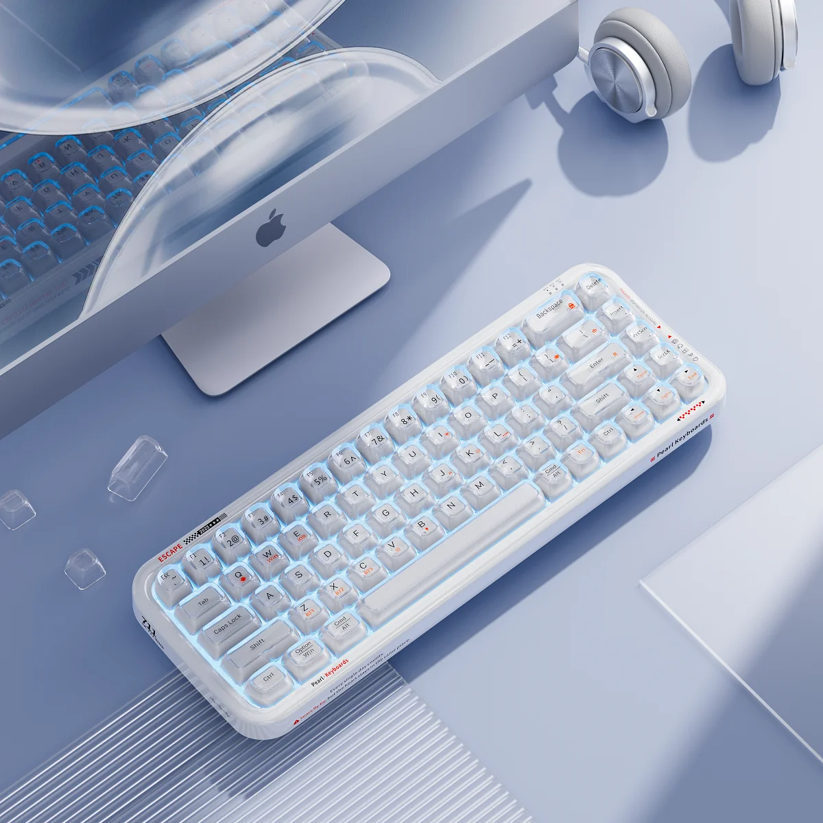 MOFii Pearl Semi-Transparent Tri-Mode Wireless Keyboard, 68 Keys 75% Compact Layout, RGB Backlit Double Shot Keycaps for Office