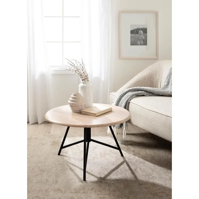 Kate and Laurel Pallson Modern Round Wooden Coffee Table, Circle Wood and Metal Coffee Table with Mixed Materials