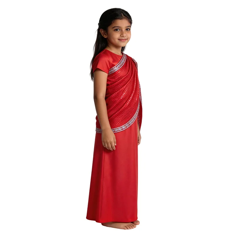 Girls Red Indian Ethnic Sequin Gown Kids Traditional Saree Dress Children Diwali Wedding Carnival Stage Performance Costume view 4