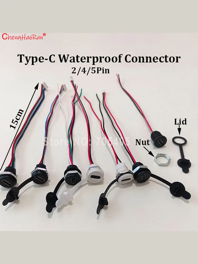 ChengHaoRan 2/4/5-Pin Typ-C Steckverbinder mit Kabelmutter-Verriegelungsplatte PH2.0 Wasserdichte Kappe Hochstrom-Schnellladebuchse USBC-Anschluss
