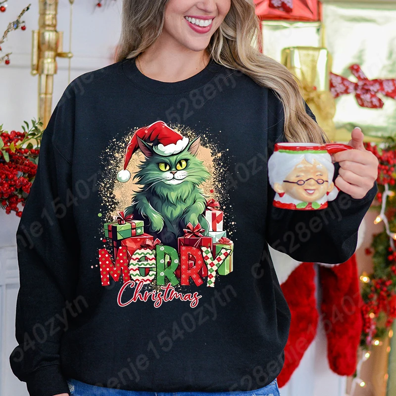 Christmas Cat Print Sweatshirt, Casual Crew Neck Long Sleeve Pullovers Top For Autumn & Winter, Women\'s Sweatshirts