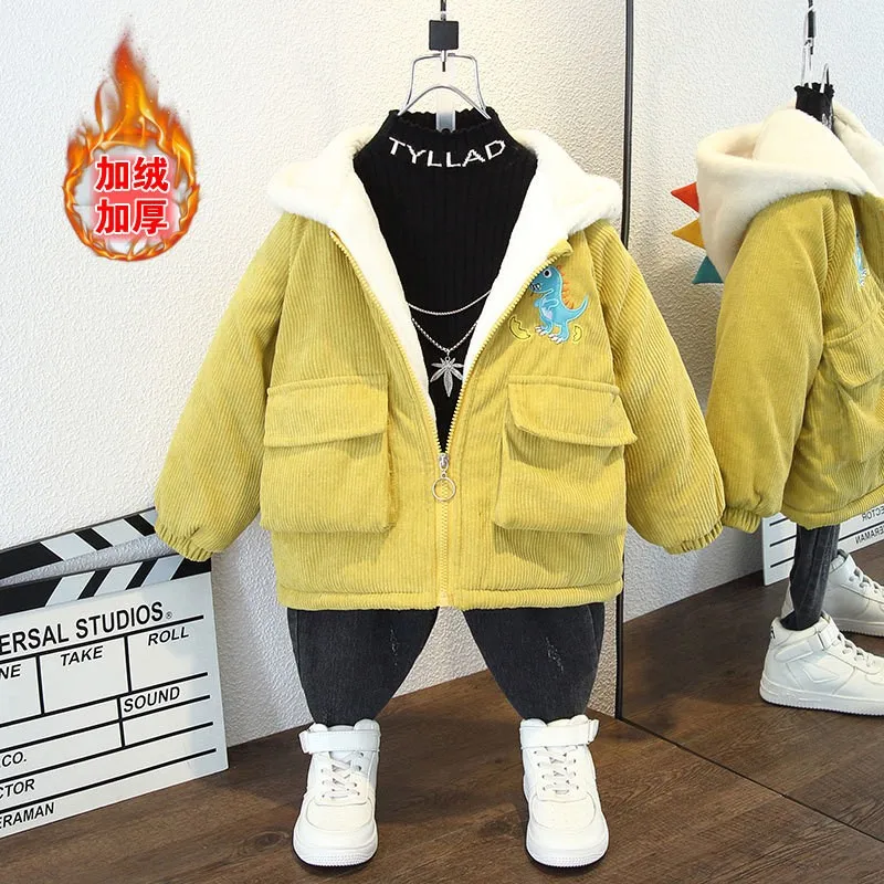 Winter Add Velvet Thick Warm Jackets Boys Cartoon Dinosaur Corduroy Coat Girls Sports Casual Windbreaker Outerwear Kids Clothes