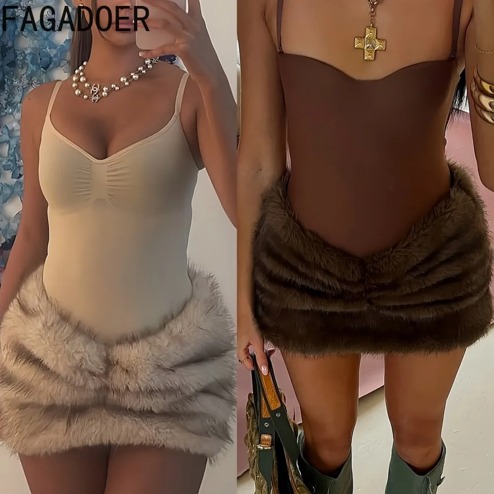 

FAGADOER Sexy Woman 2 Piece Set Outfit Spaghetti Strap Sleeveless Backless Playsuits + Fur Patchwork Skirts Female Streetwear