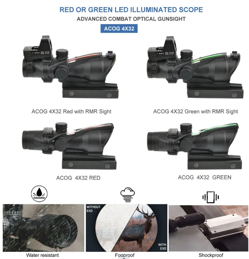 Imagem -06 - Trijicon-real Fibra Óptica Red Green Dot Iluminado Rifle Scope Chevron Glass Retículo Gravado Visão de Caça com Rmr Acog 4x32