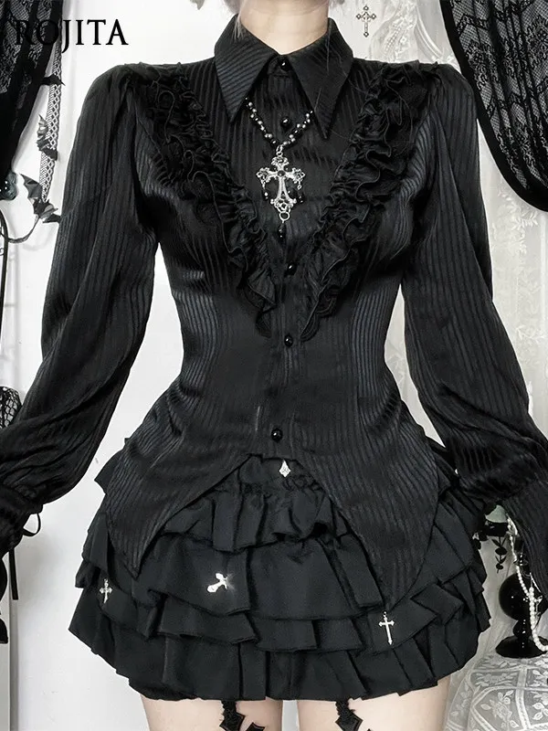 

Subculture Black Long Sleeve Top Spice Girl Wear GothPuff Sleeve Blouse Ruffle Lace Button Up Corset Top Y2K Skirt