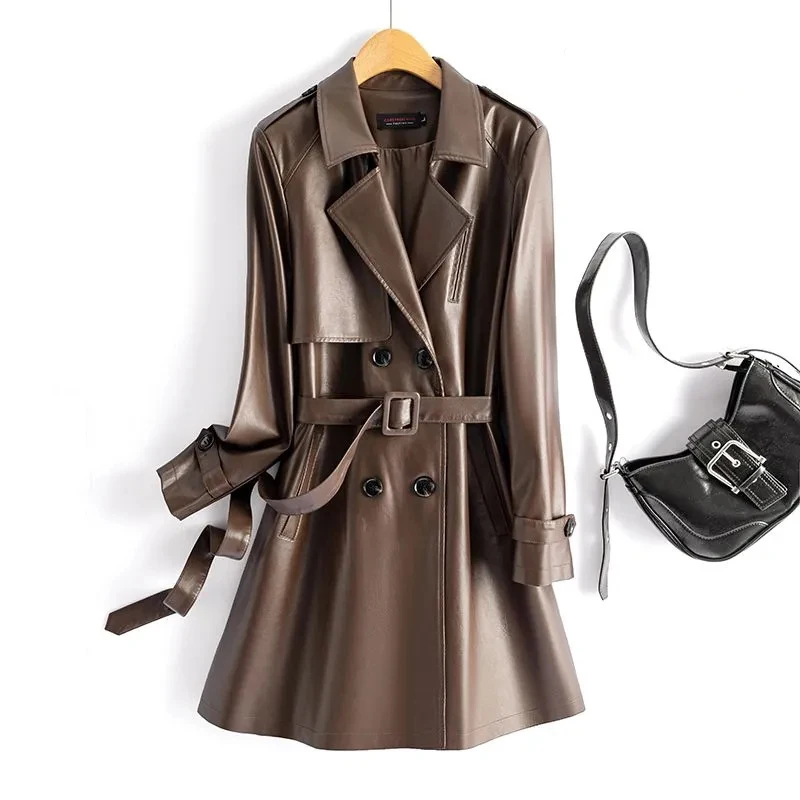 M-2XL Fashion Mid-length Sheepkin Trench Coats Women 2024 Chic Double Breasted Lace-up Belt Ladies Real Split Leather Outwear