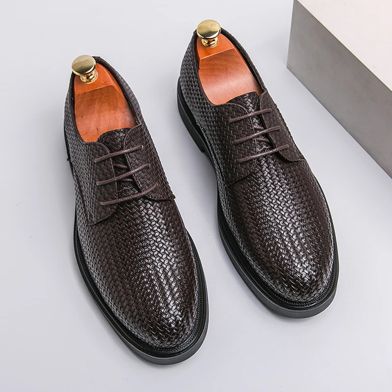 Luxury Retro Woven Pattern Leather Oxford Men\'s Business Shoes Office Fashion Shoes Male Lace-up Formal Shoes Black Zapatillas