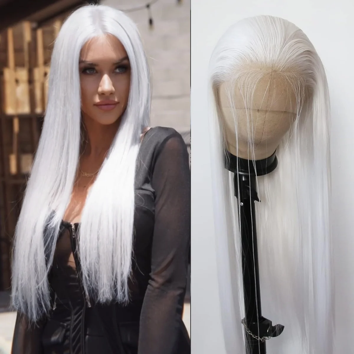 

32-дюймовый прямой белый парик фронта шнурка 13x4 HD прозрачный синтетический предварительно выщипанный бесклеевой косплей высокой плотности для женщин