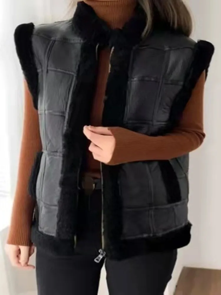 Women Genuine Leather Vest New Winter Thick Warm Wool Lining Waistcoat Zipper Casual Stand Collar Sleeveless Sheepskin Jacket