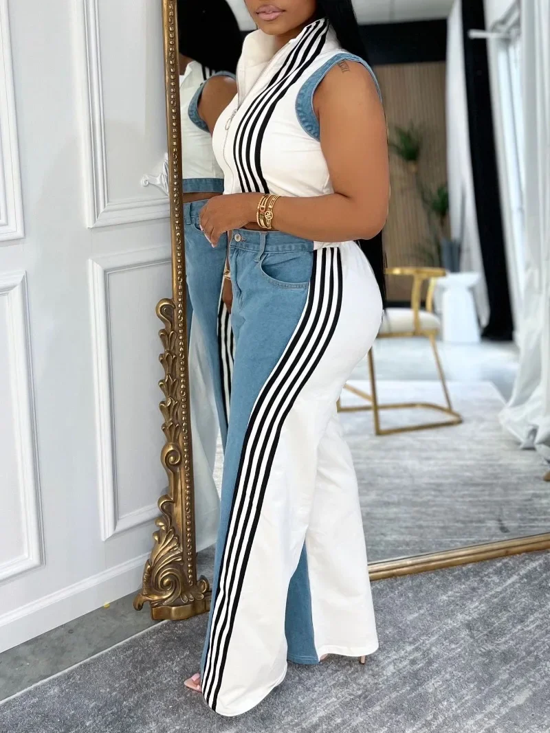 

Women Striped Denim Patchwork 2 Piece Set Sleeveless Zipper Vests Crop Tops + Loose Straight Pants Casual Streetwear Suits
