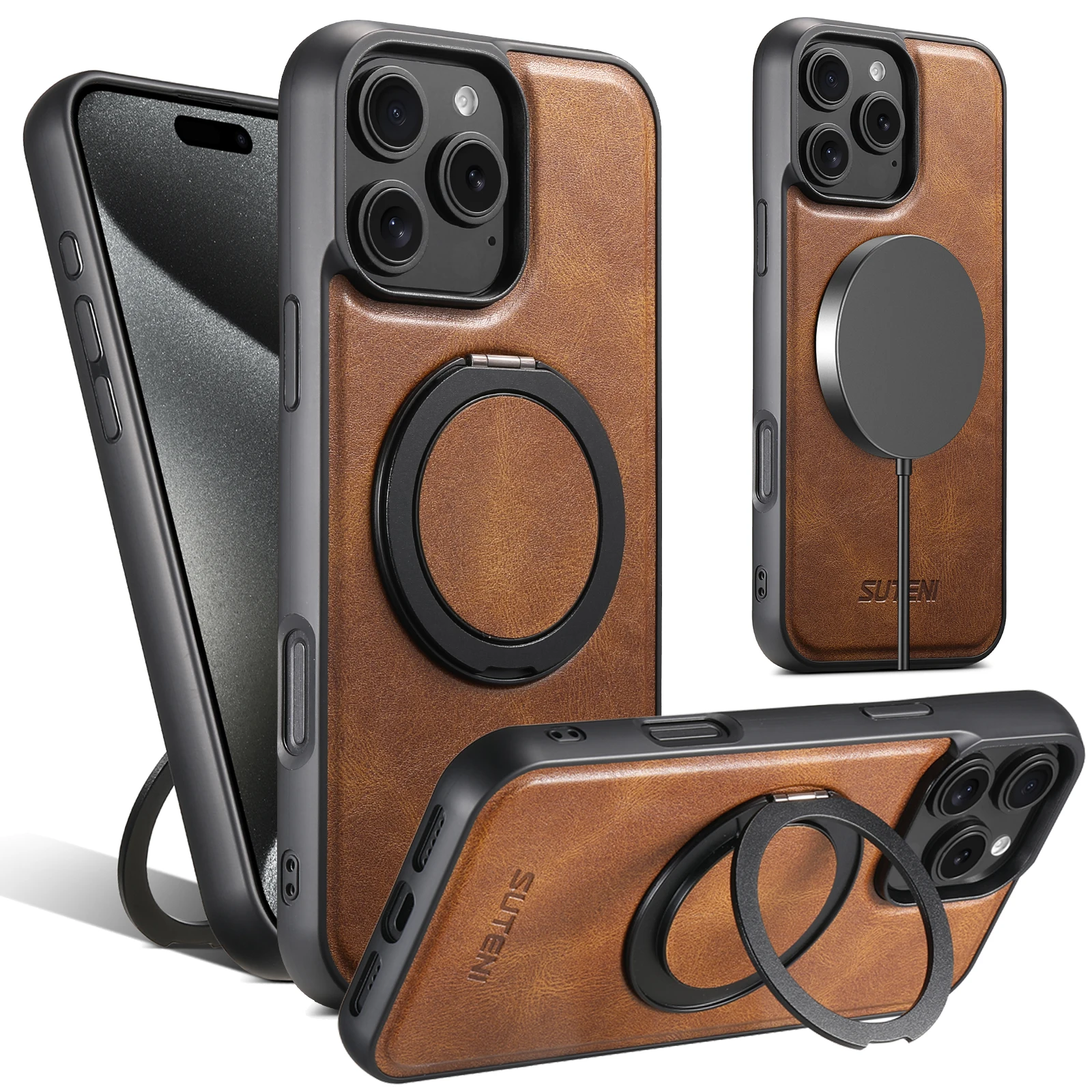 SUTENI Oil Wax PU Leather Wireless Ｃharging Phone Case 360° Rotating Stand Buckle For iPhone 17 Pro Max 16 Plus 15 Pro 14 13 12