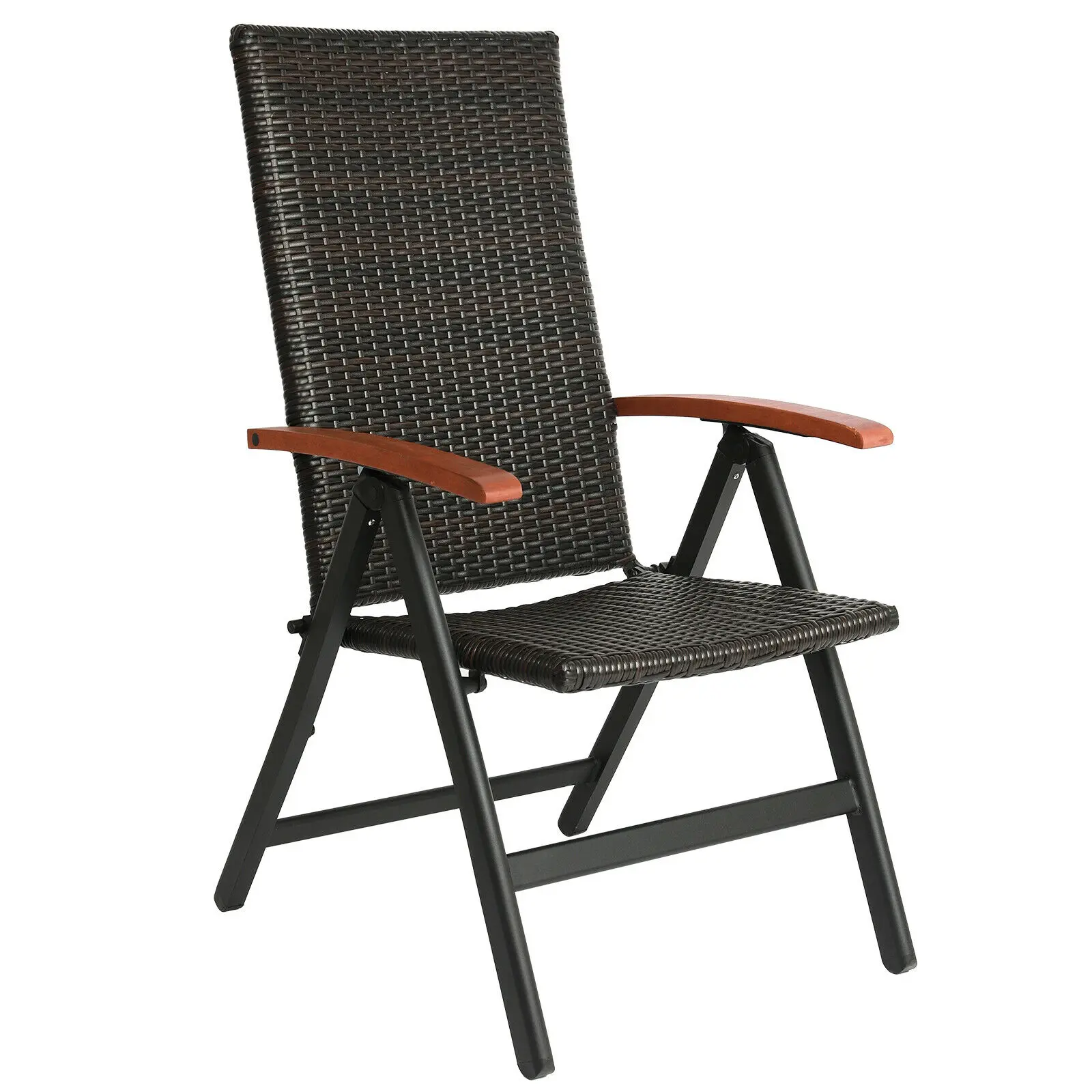 Wicker Folding Patio Chair Outdoor PE Rattan Recliner Camping Chairs with 5-Level Adjustable High Backrest for Garden Balcony