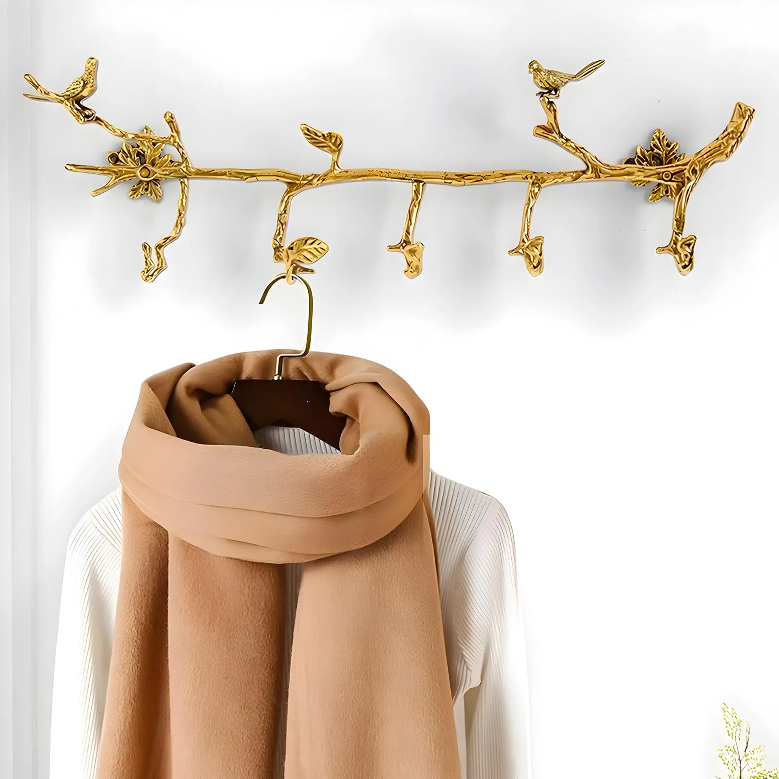 

Brass Wall Mounted Coat Hook Rail With 5 Hooks Decorative Branch Design For Entryway Bathroom