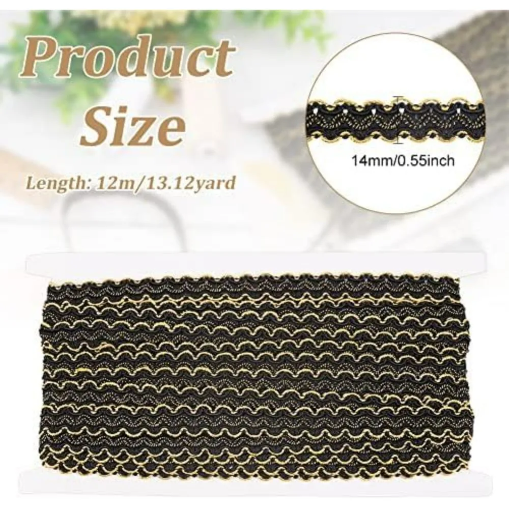 13 Yards Gimp Braid Trim Gold Edge Woven Braid 1/2 inch Black Metallic S Wave Braid Sewing Polyester Handcraft