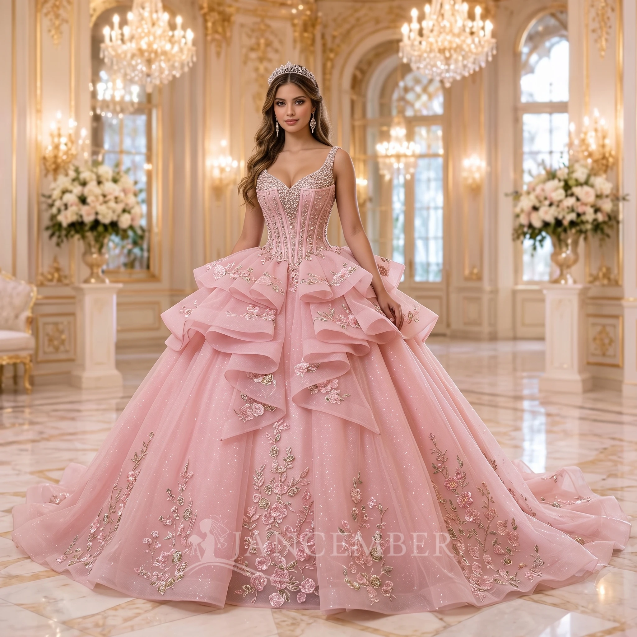 Customized Royal Pink Ball Gown Shiny Quinceanera Dresses Sleeveless Ruffles Organza Sweet 16 Dress Vestidos 15 vestido quinceañ