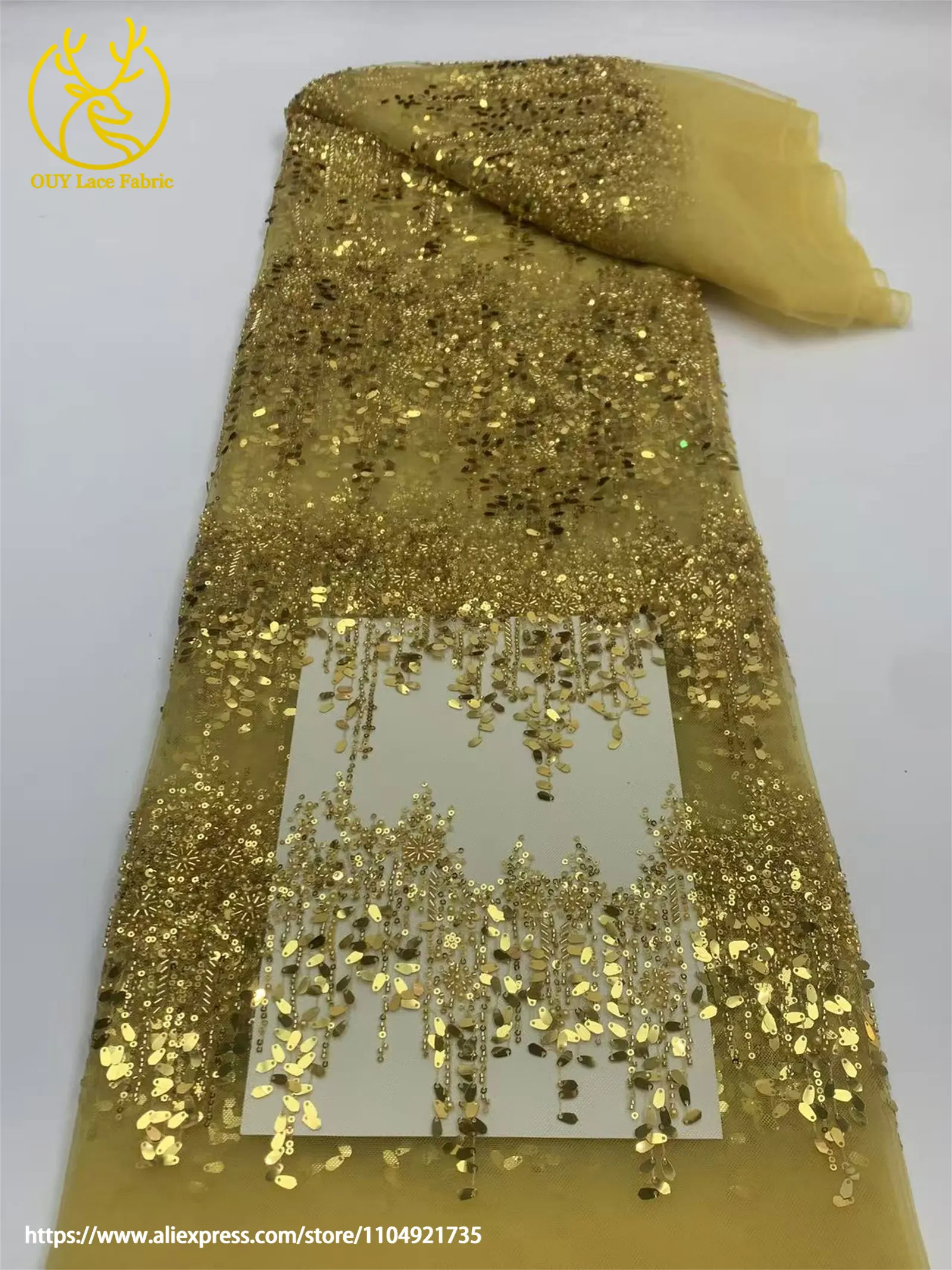 Afrikanischer Spitzenstoff 2026 Gold Pailletten Perlenstickerei Bräutigam Nigerianische Braut Hochwertiger französischer Tüllspitze Hochzeitskleidstoff – Detail 6