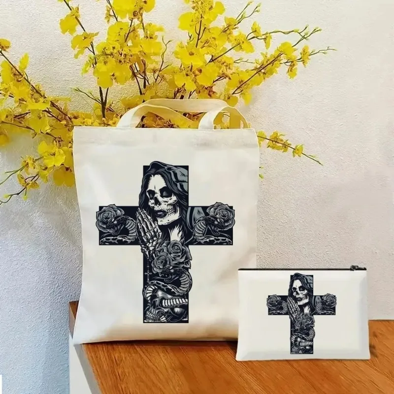 2 Pcs Santa Muerte Tote Cosmetic Bag Holy Women Death Totem Ladies Canvas Shoulder Bag Eco-friendly Large Capacity Shopping Bag