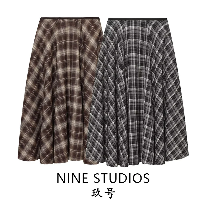 

High Waist Plaid Loose Midi Skirt Women's Casual Umbrella Skirt f-length Skirts European Sle Polyester Fabric