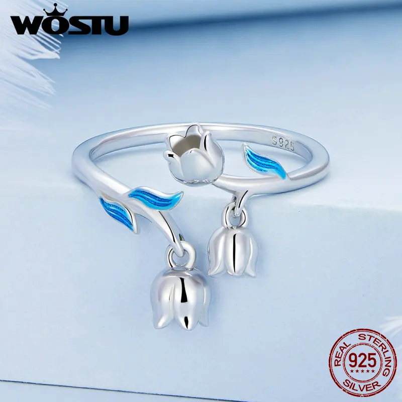 WOSTU 925 Sterling Silver Blue Bird Flower Ring Lily of the Valley Natural Finger Open Ring Fine Jewelry Gift for Fashion Women