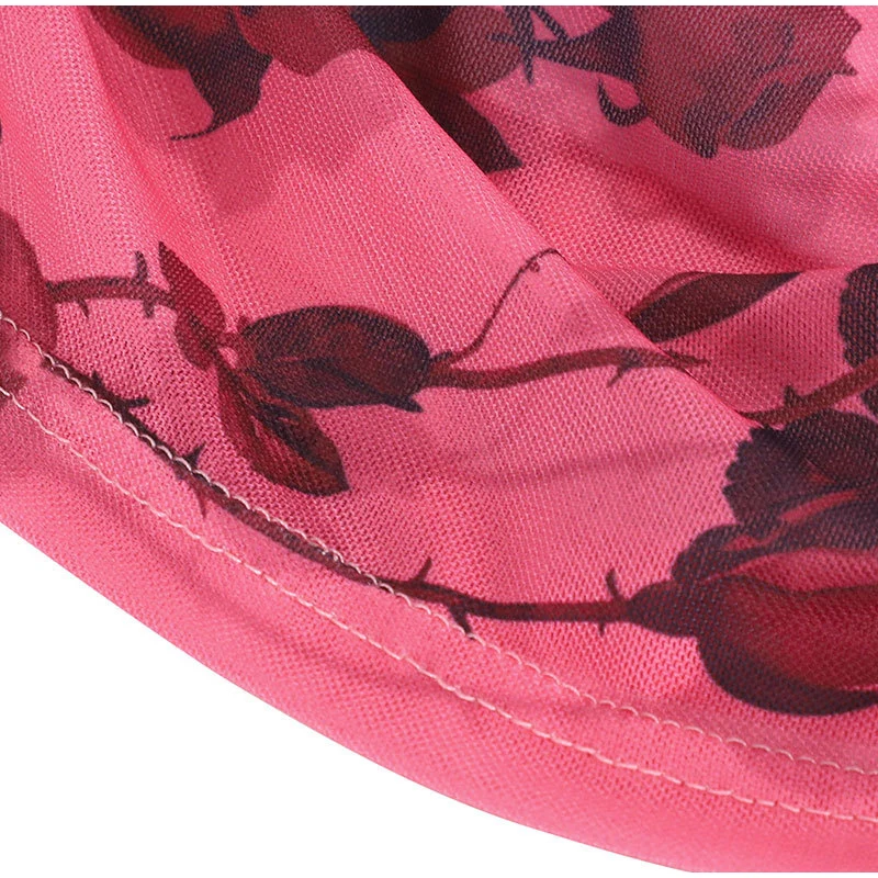 Damen Rosa Rosen-Print Transparentes Mesh-Minikleid Schulterfreies Langarm-Kleid mit Raffungen und Seitlicher Schnürung Sexy Party-Clubwear – Detail 3