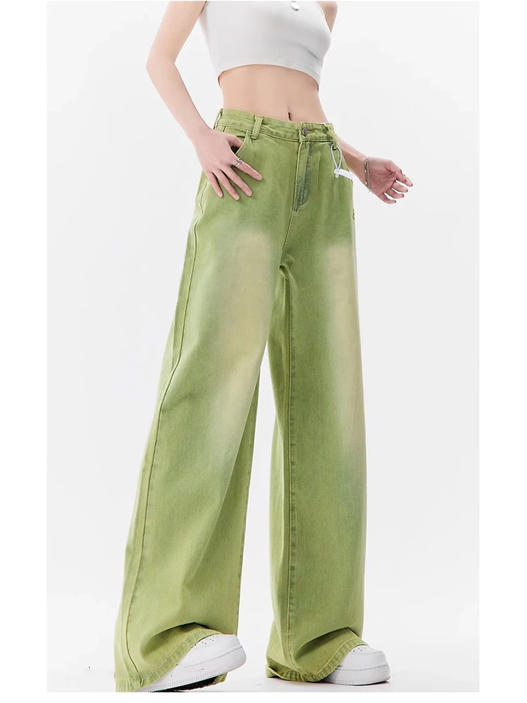 Light Green Harajuku Vintage High Waist Loose Jeans Pants Streetwear Style Women\'s Y2K Wide Leg Baggy Denim Trouser