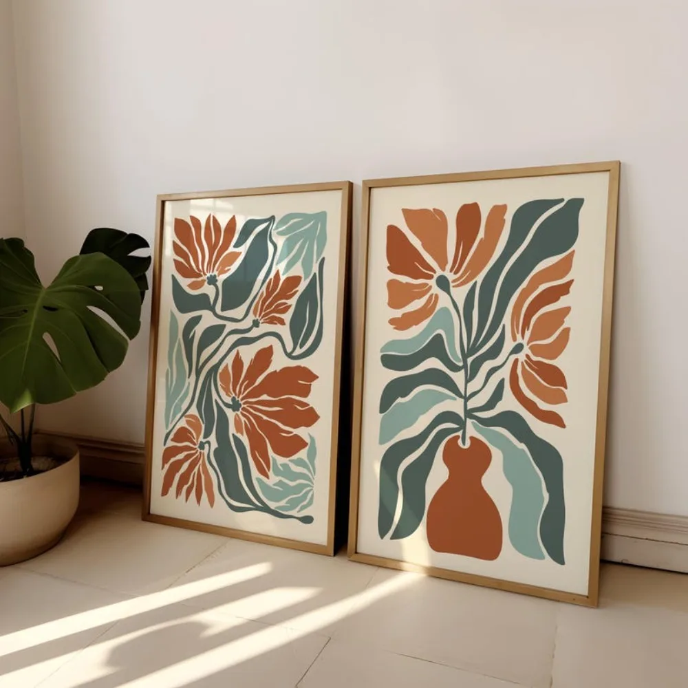 2 Frameless Flower Market Prints,Bohemian Flower,Bedroom Wall Decor,Living Room Wall,Exhibition Mid-century Modern Art Prints