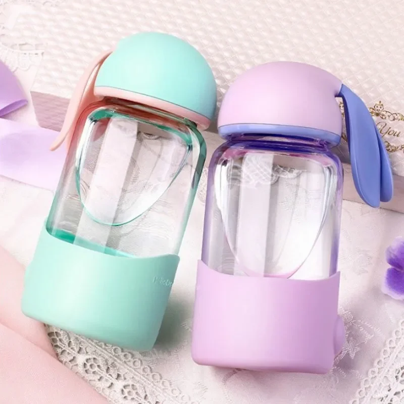 Cute Water Bottles Cartoon Rabbit Glass Bottle with Silicon Sleeve for Kids Student Girls Portable Drink  Glass Cup