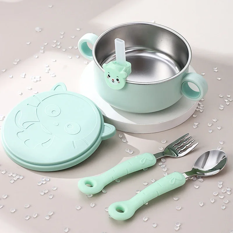 

Детская чаша, столовая посуда из нержавеющей стали, семейная чаша с присоской, ложка, вилка, соломенный набор, чаши для кормления малышей