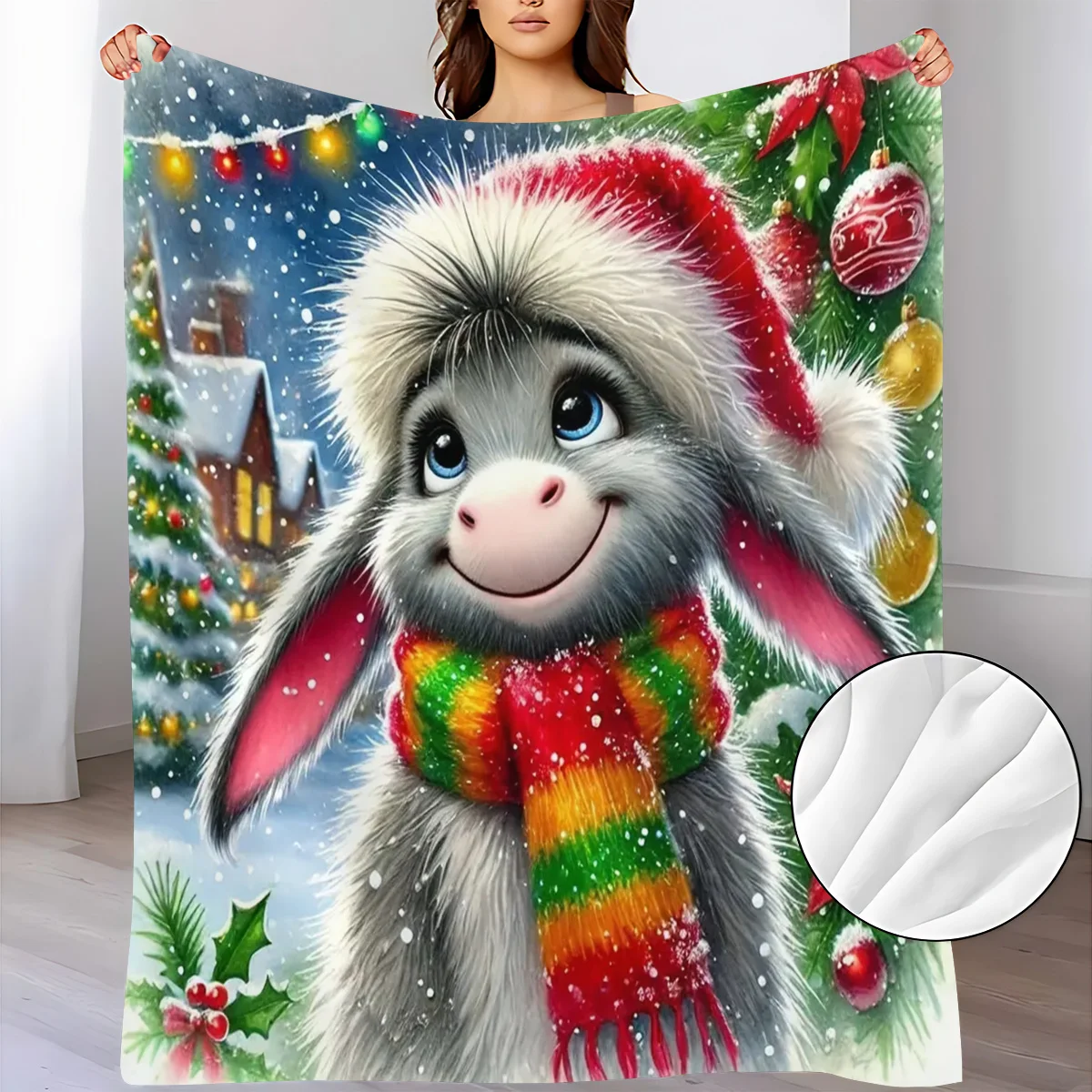 Christmas Animal Donkey Pattern Flannel Throw Blanket, Air Conditioning Blanket for Dorm and Office Naps, Printed Flannel Blanke