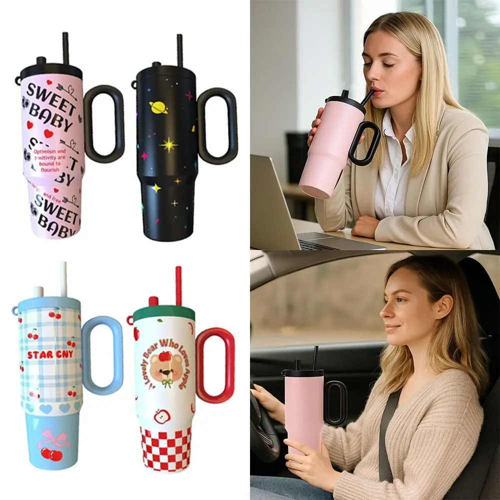 

750ML Stainless Steel Insulated Bottle With Handheld Pink Blue Grid Vacuum Straw Cups Insulation Or Cooling Insulated Cup