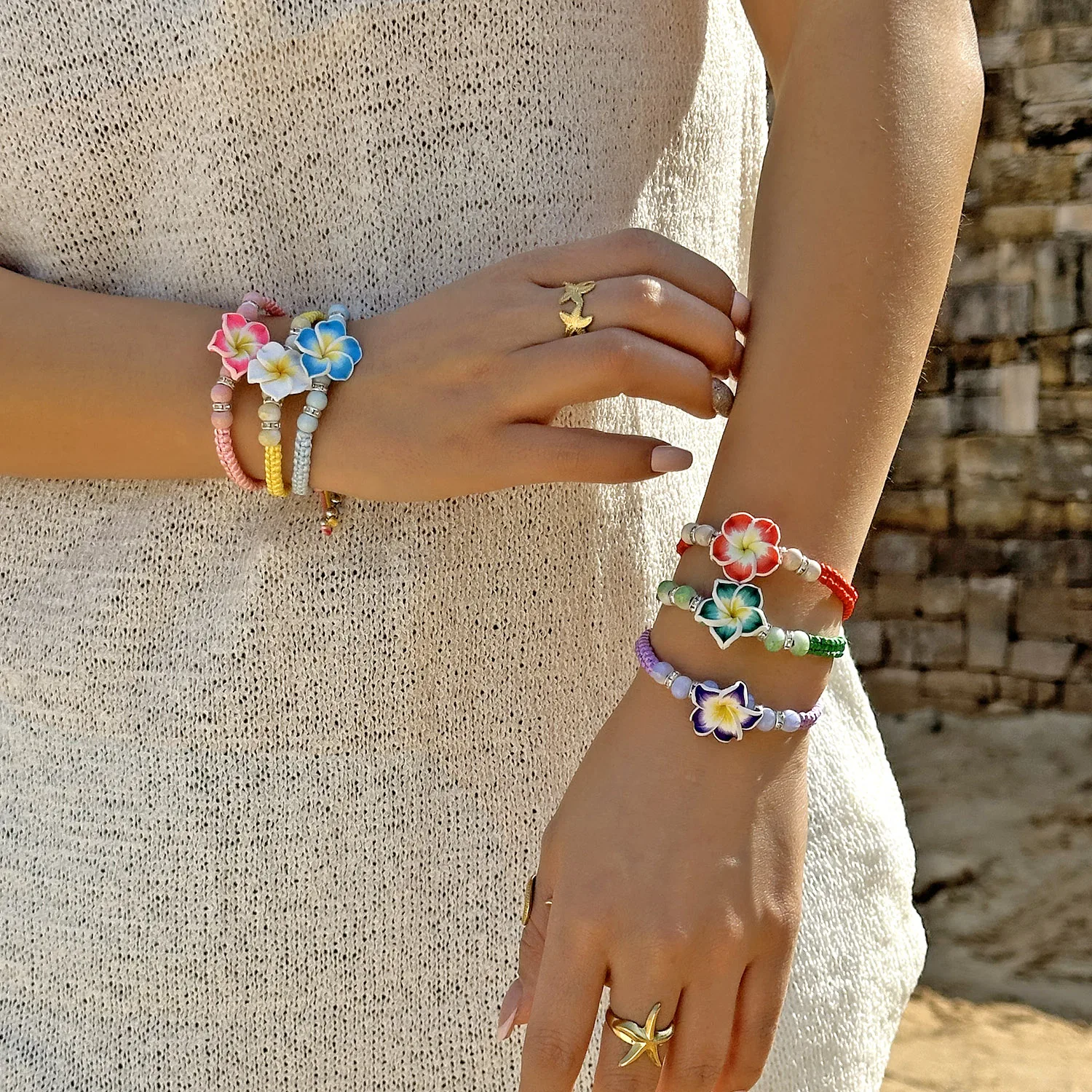 Bohemian Polymer Clay Plumeria Flower Woven Bracelet for Women Colorful Braided Rope Wrist Chain Travel Beach Party Jewelry Gift view 2