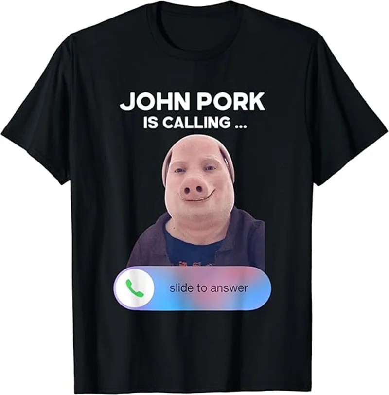 

John Pork Is Calling Answer Call Phone T-Shirt Humor Funny Pig Graphic Tee Streetwear 3d Printed Black Short Sleeve T Shirt