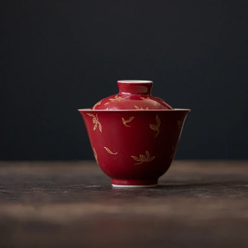 

Gold Orchid Gaiwan For Tea Ceramic Tureen With Lid Teaware Set Chinese Red Tea Bowl Chawan store Tea Cup