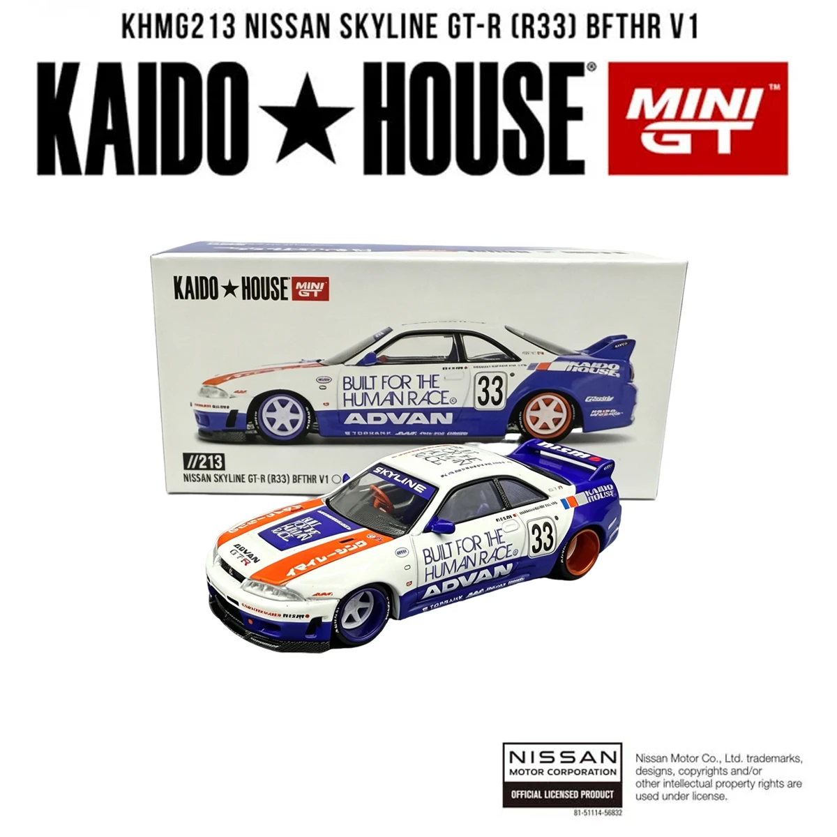 

In Stock KAIDO HOUSE 1:64 Nissan Skyline GT-R R33 BFTHR V1 ADVAN Livery Open Hood JDM Race Diecast Model Car KHMG213