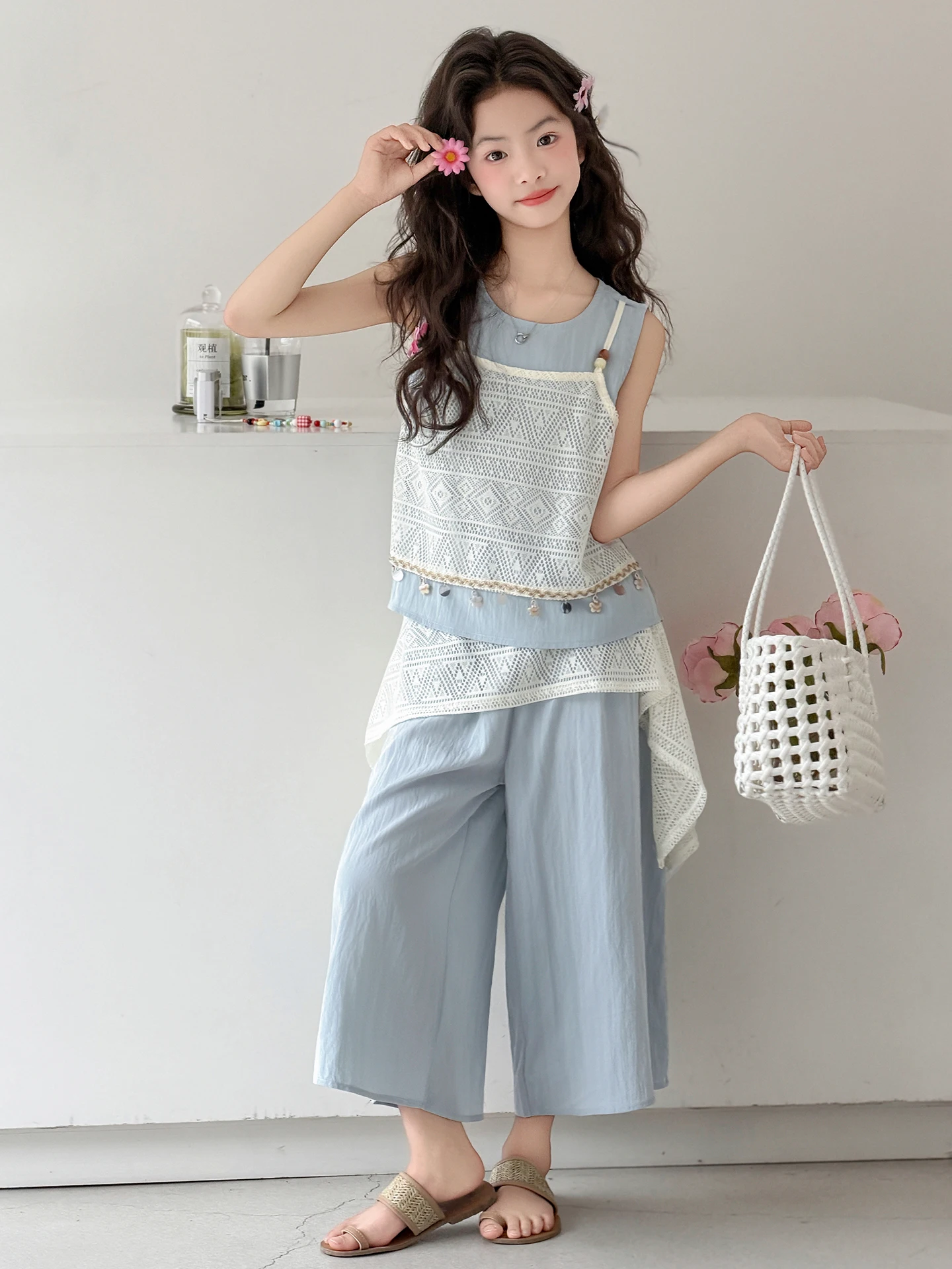 girls-summer-fashionable-set-wide-leg-sleeveless-two-piece-suit-holiday-style-children's-clothing-korean-version-machine-wash