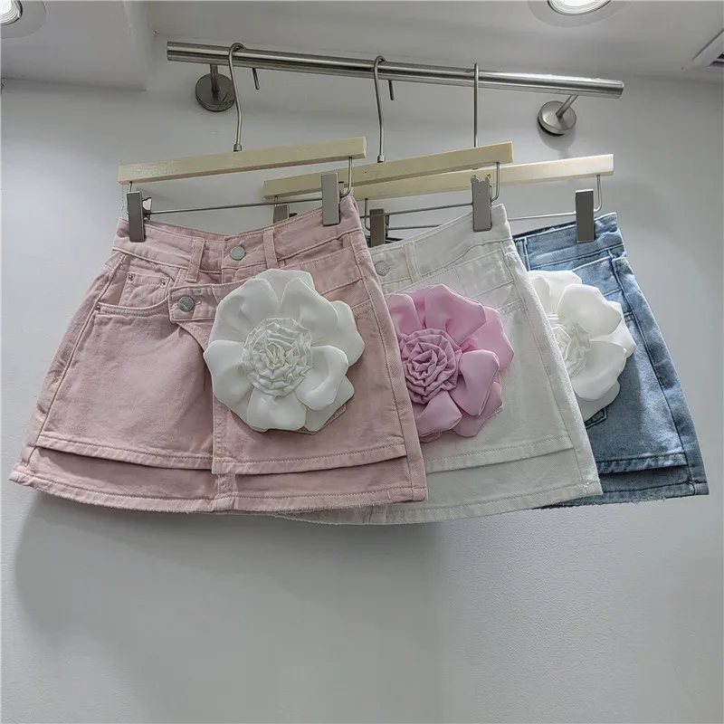 

Stereo Flower Patchwork Retro Fashion Easiest for Match Work Clothing, Slimming Look Fake Two-piece Denim Skirt, Female Trendy