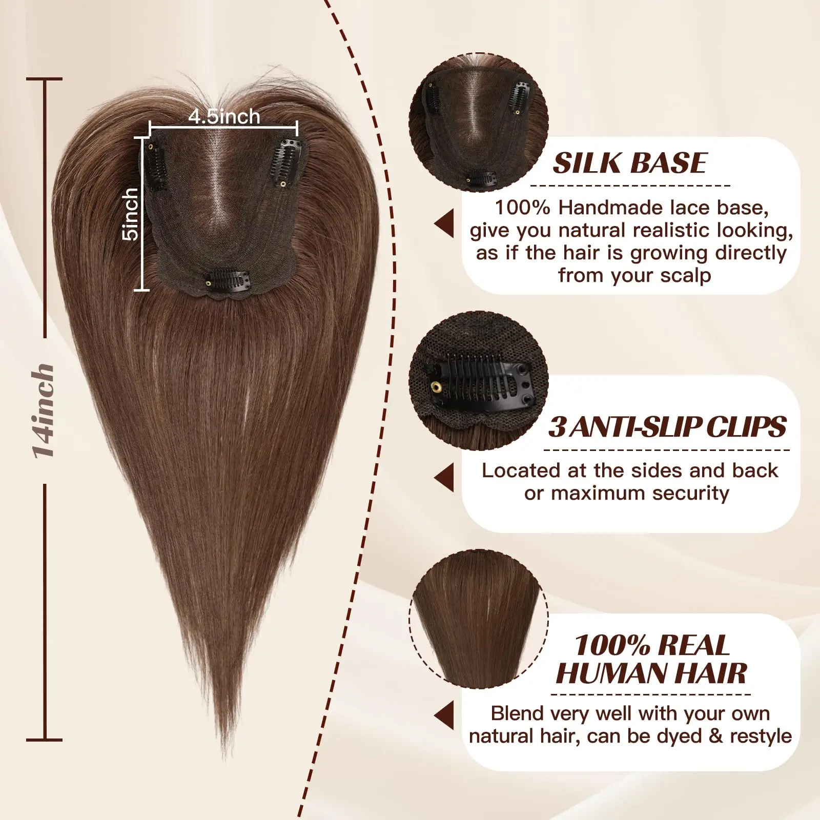 Rambut Palsu Cokelat Tua 100% Remy Human Hair Topper Belahan Tengah untuk Wanita Rambut Rontok Basis Sutra Lace 3 Jepit Rambut di Atas Kepala