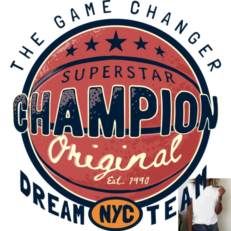 Basketball Champion Theme Heat Transfer White Ink Iron - on Patch, Retro Style Suitable for T - shirts, Canvas Bags, Casual