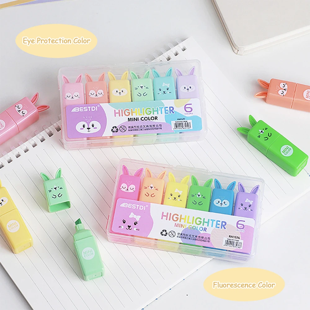

6PCS/Set Cartoon Bear Color Highlighter Marker Pens 1-3mm Oblique Tip Spot Liner Drawing Highlighting Tools School Supplies