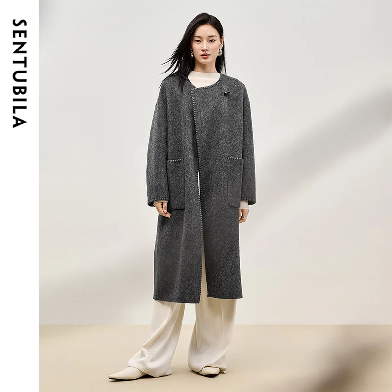 SENTUBILA Korean Style Woolen Coat Women 2024 Winter Warm Double Sided Oversized Mid-length Outwear with Tassel Scarf W44O56117