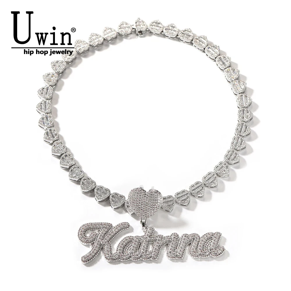 

Uwin Custom Cursive Letters Heart Bail With 12mm Heart Chain Iced Out 2 Layer Cubic Zircon Name Necklace Hiphop Jewelry