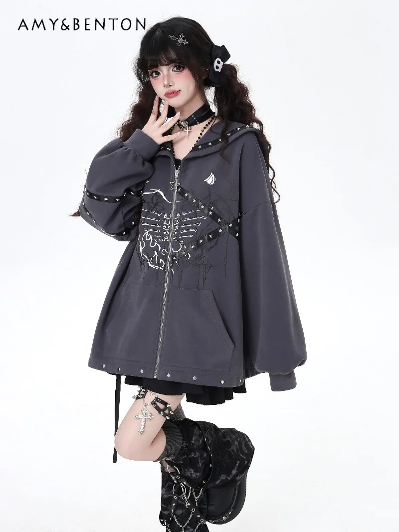 오리지널 네이비 칼라 서브컬쳐 다크 고딕 프린트 리벳 긴팔 지퍼 후드티 여성 일본 대학 스타일 루즈 후드티