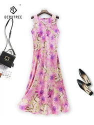 BirdTree, Real Silk Elegant Dresses, Women Floral Printed V Neck Sleeveless, Temperament Vacation Dress, 2024 Summer D44522QC