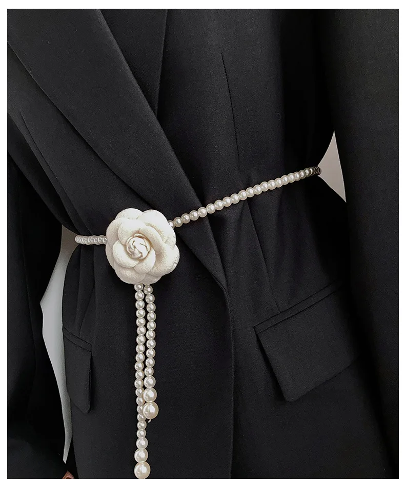 Fashion Pearl Big Rose Flower Tassel Belts Chain For Women Luxury Design Dress Accessories