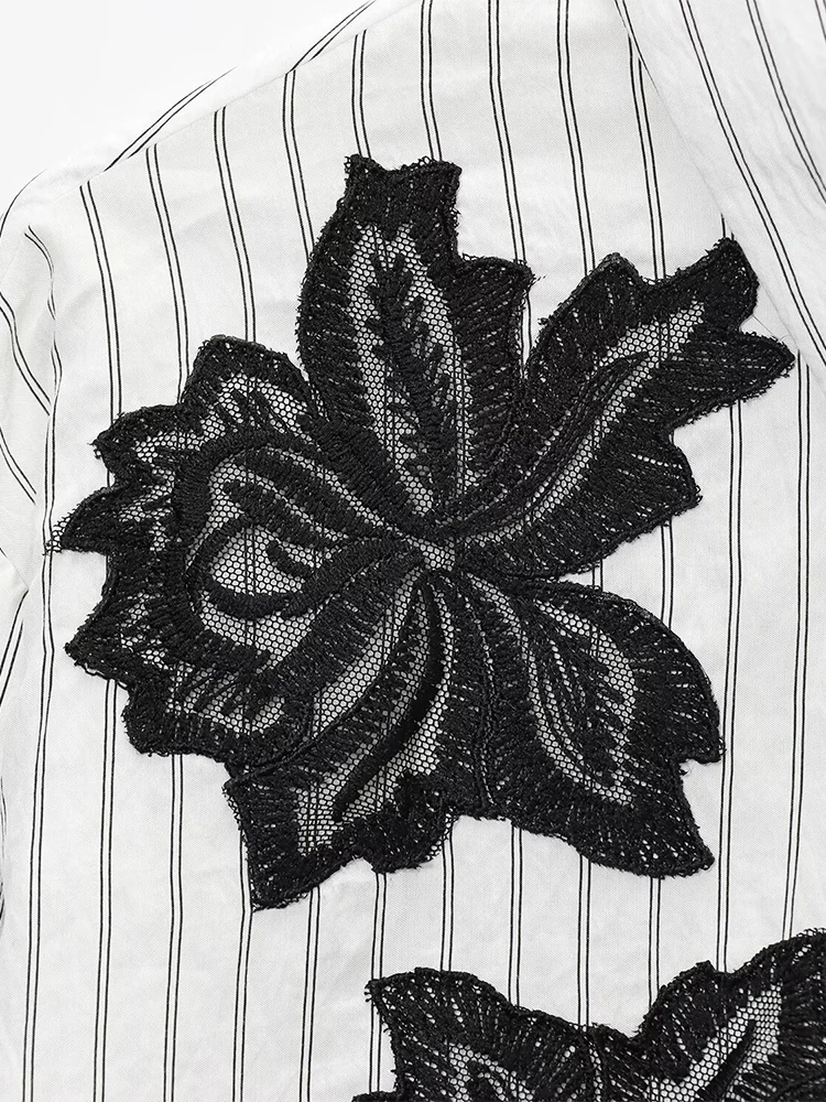 European style new women's fashionable and versatile elegant collared long-sleeved striped floral lace shirt