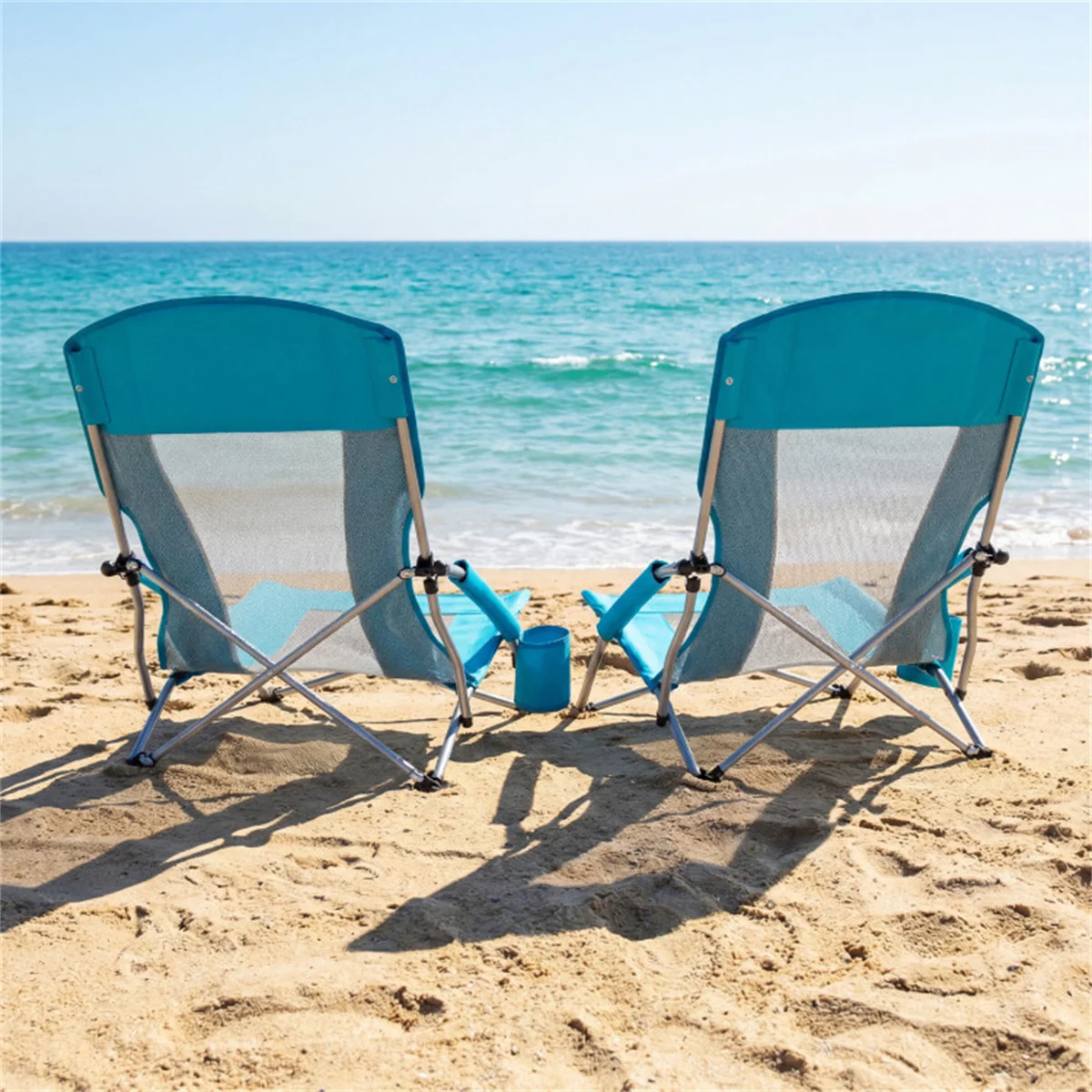 2 Pack Portable Folding Beach Chair Lightweight Camping Chair with Cup Holder Mesh Pockets Blue