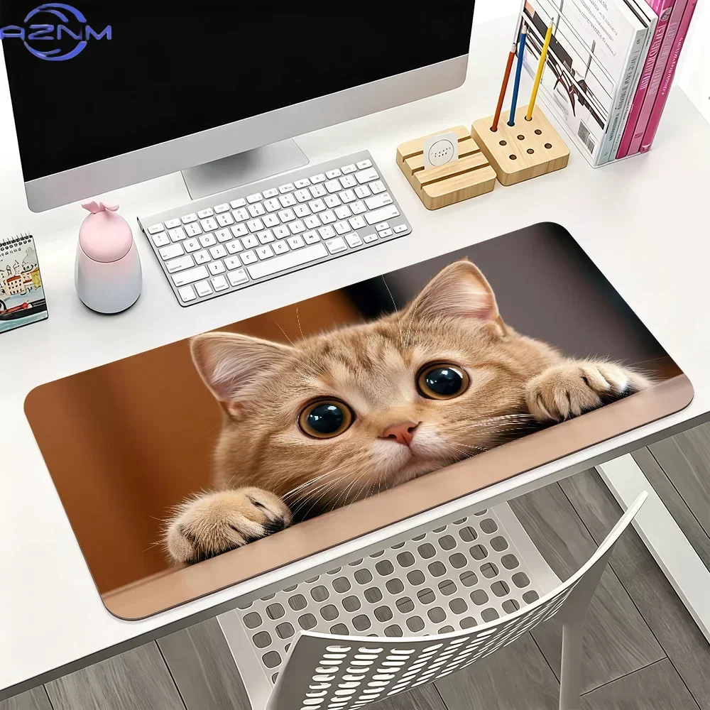 Cute Peeking Orange Cat Large Mouse Pad, Kawaii Pet Desk Mat Non-Slip Lock Edge Gaming Keyboard Pad