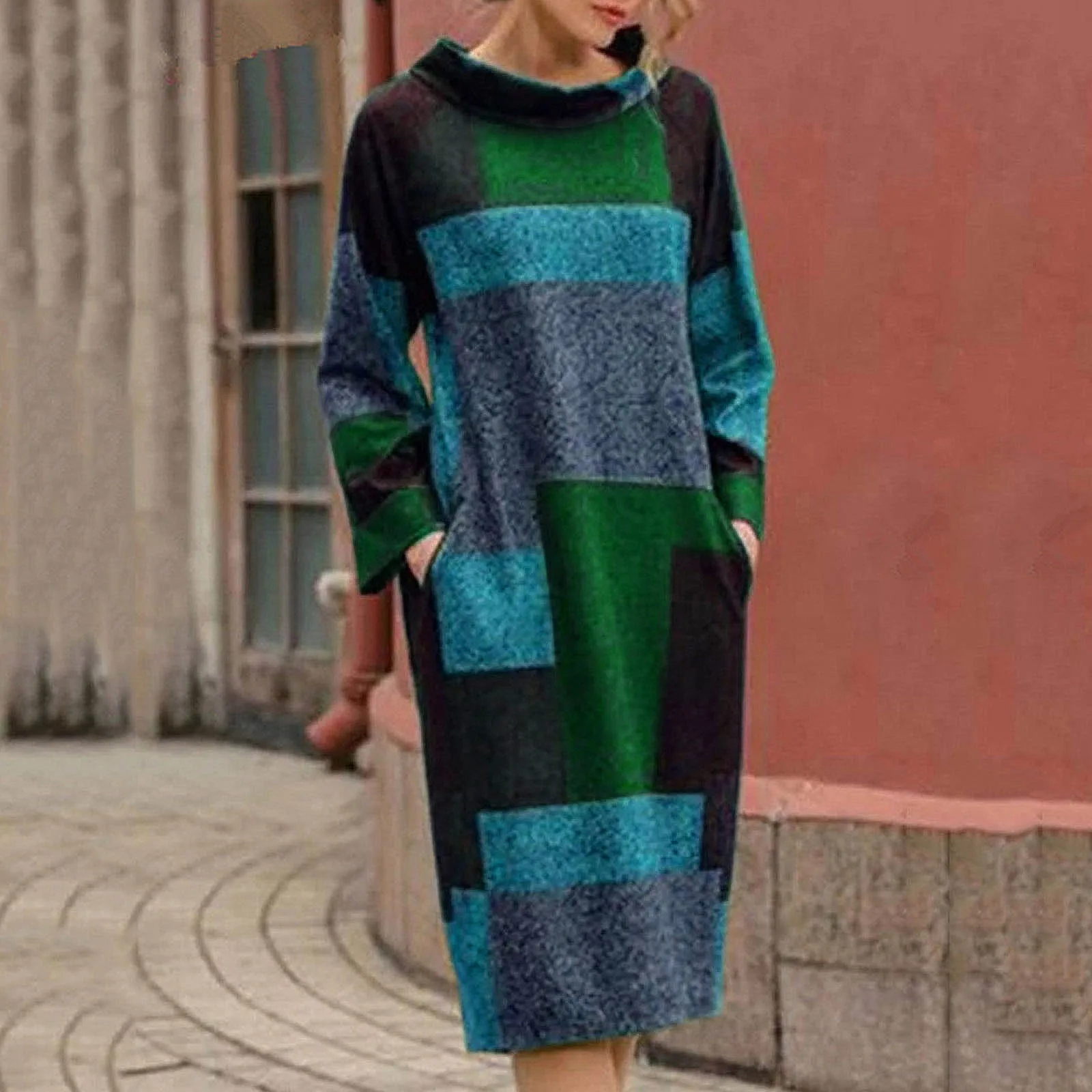 

Women Sweater Dress Ladies Robe Elegant Long Sleeve Round Neck Color Patchwork Vintage Loose Straight Casual Thin Midi Dress